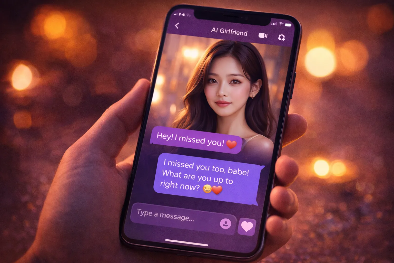 AI girlfriend chatbot interface on smartphone with virtual companion avatar
