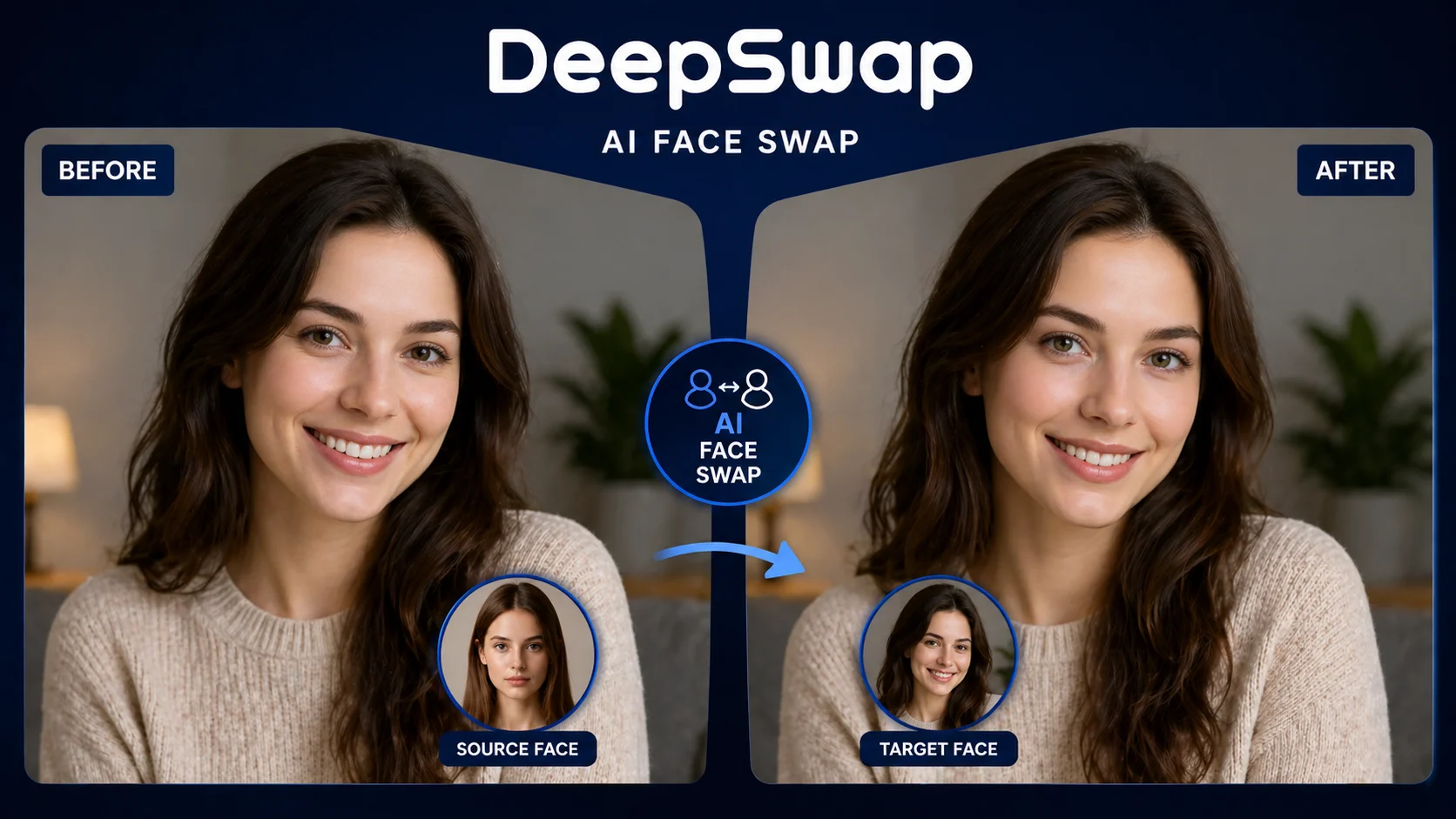 DeepSwap review hero image showing AI face swap before and after comparison