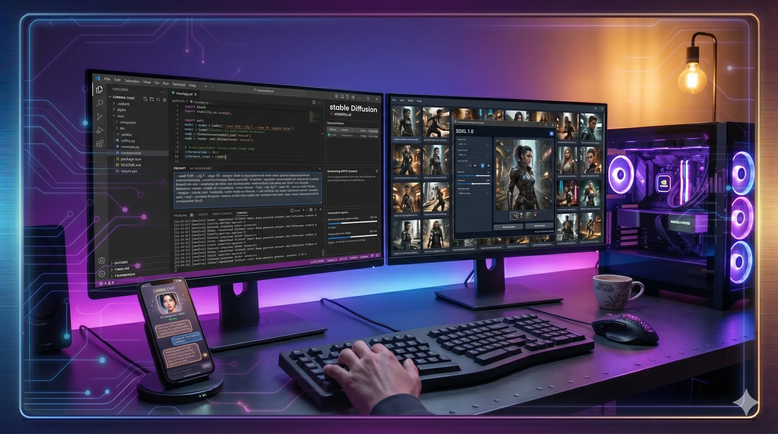 Stable Diffusion NSFW setup workstation with GPU and dual monitors