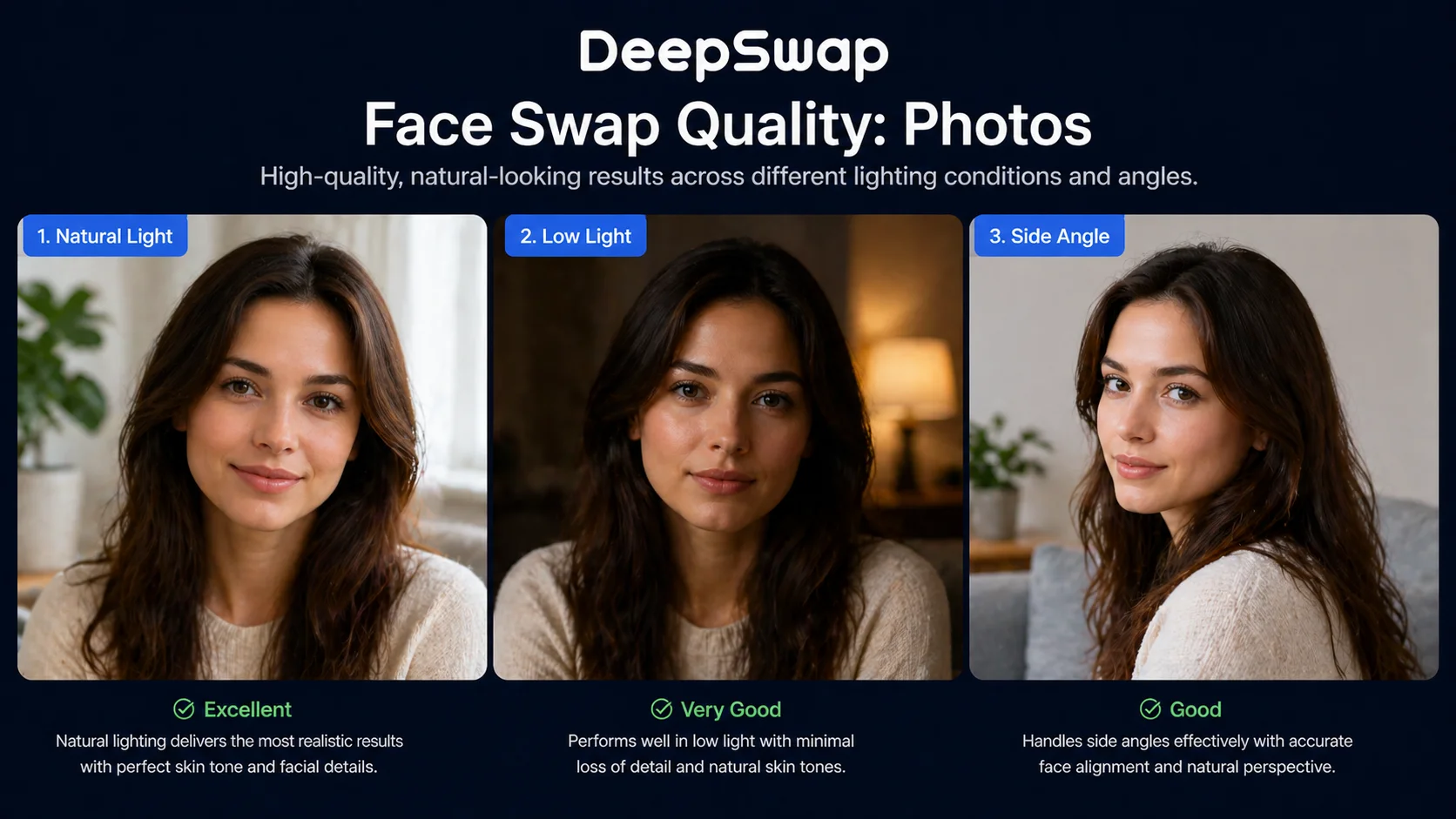 DeepSwap photo face swap quality examples under different lighting conditions
