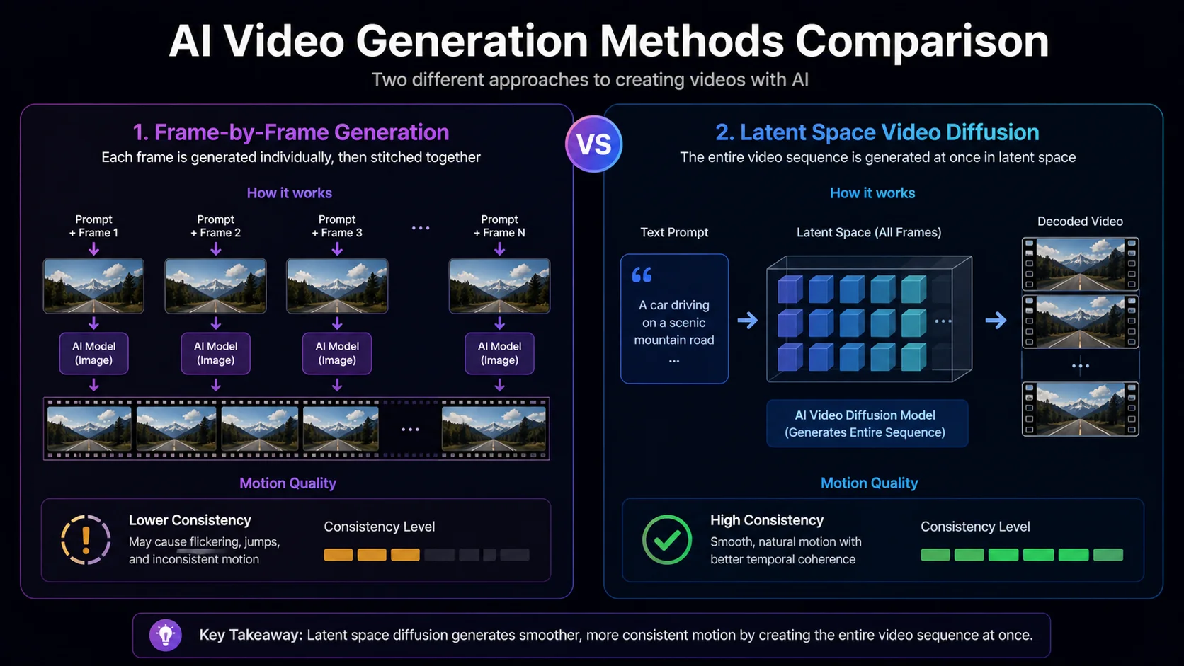 Frame-by-frame vs latent space video diffusion AI generation methods compared
