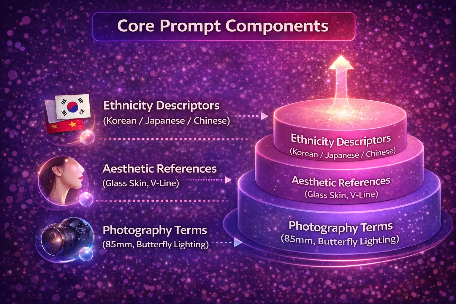 Asian beauty AI prompt three-layer structure ethnicity aesthetic photography terms
