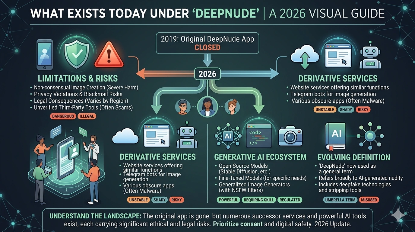 What Exists Today Under "DeepNude" visual guide and infographic