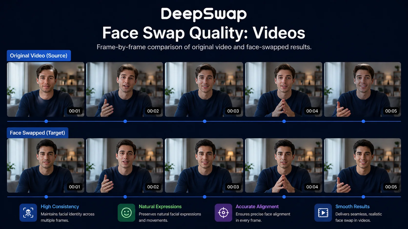 DeepSwap video face swap quality showing frame-by-frame comparison