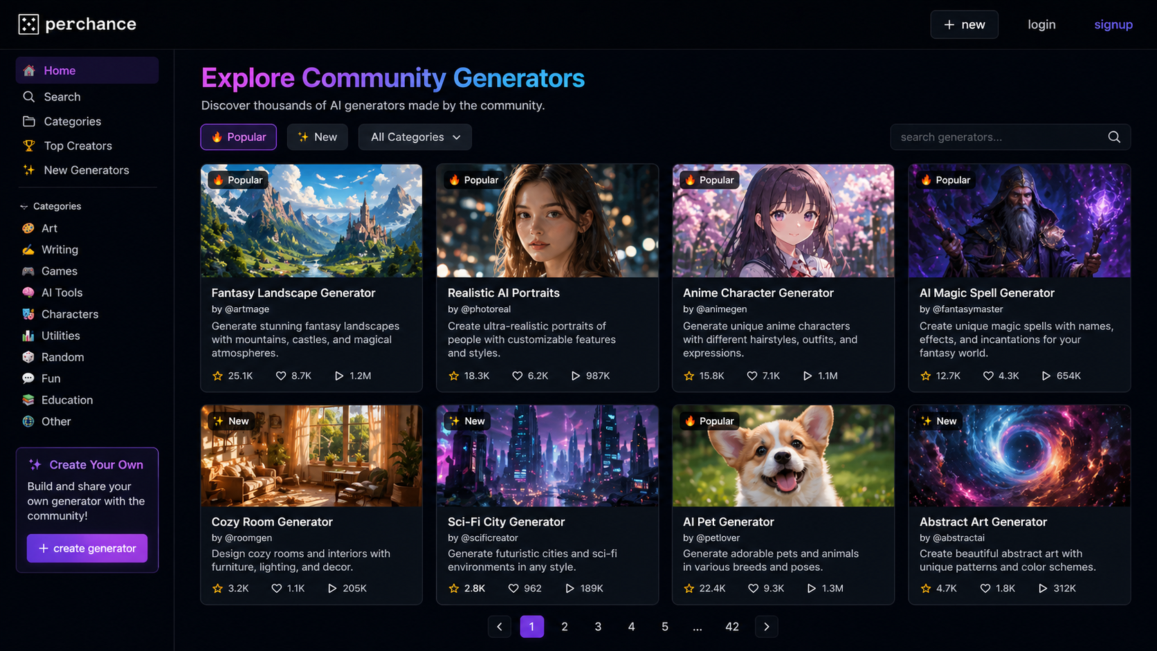 Perchance AI community generators page showing popular user-created tools