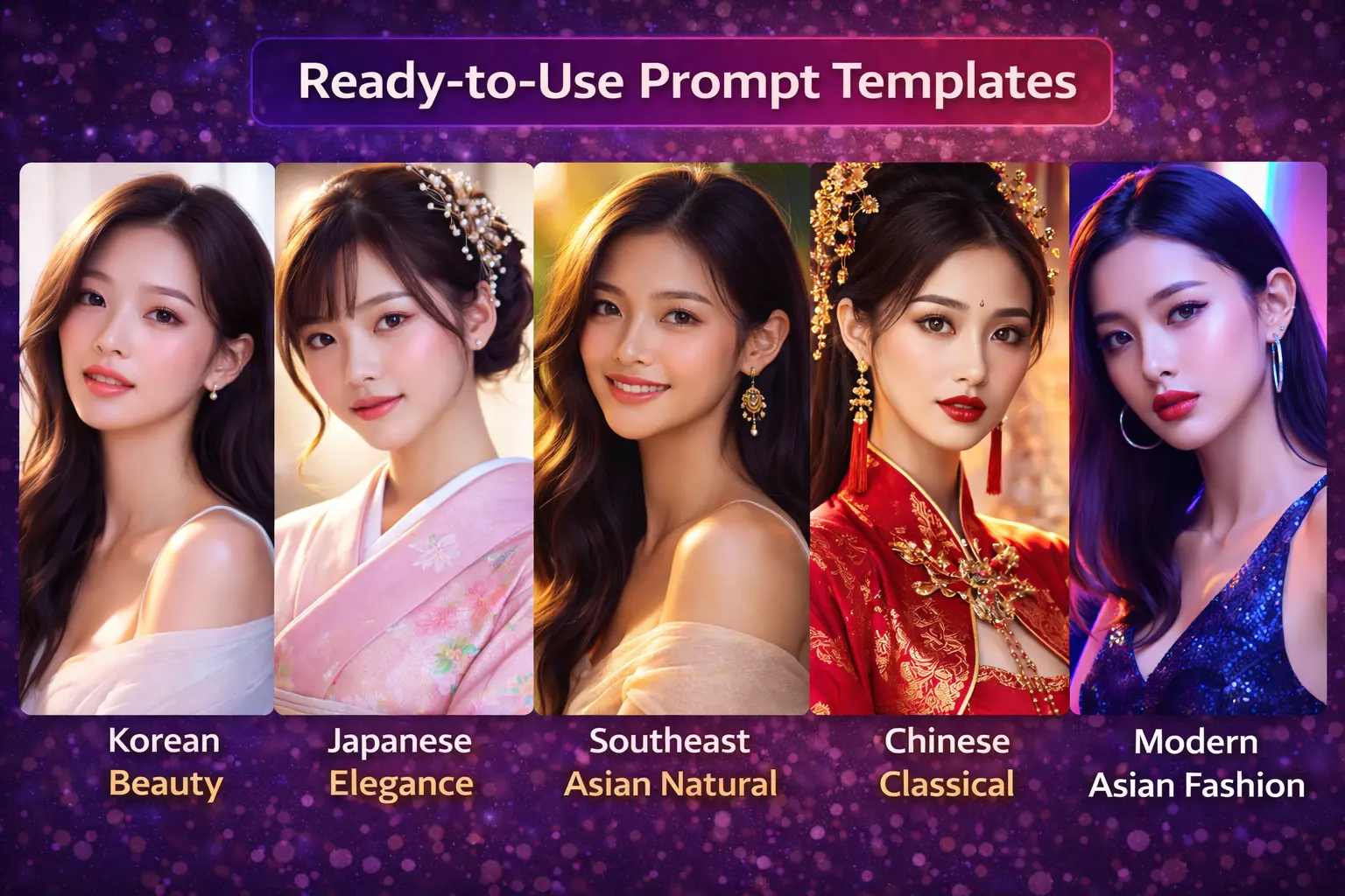 Five AI prompt template results Korean Japanese Thai Chinese modern Asian beauty