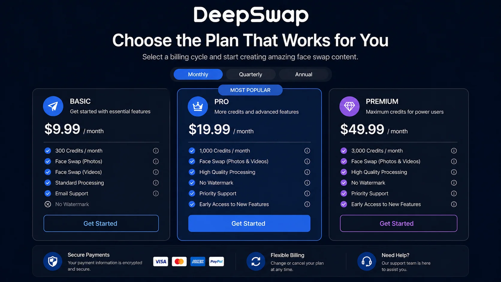 DeepSwap pricing plans comparison showing monthly and annual options
