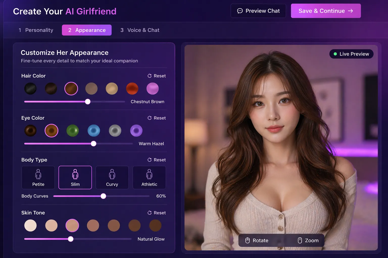 AI girlfriend appearance customization interface with hair eyes and body settings