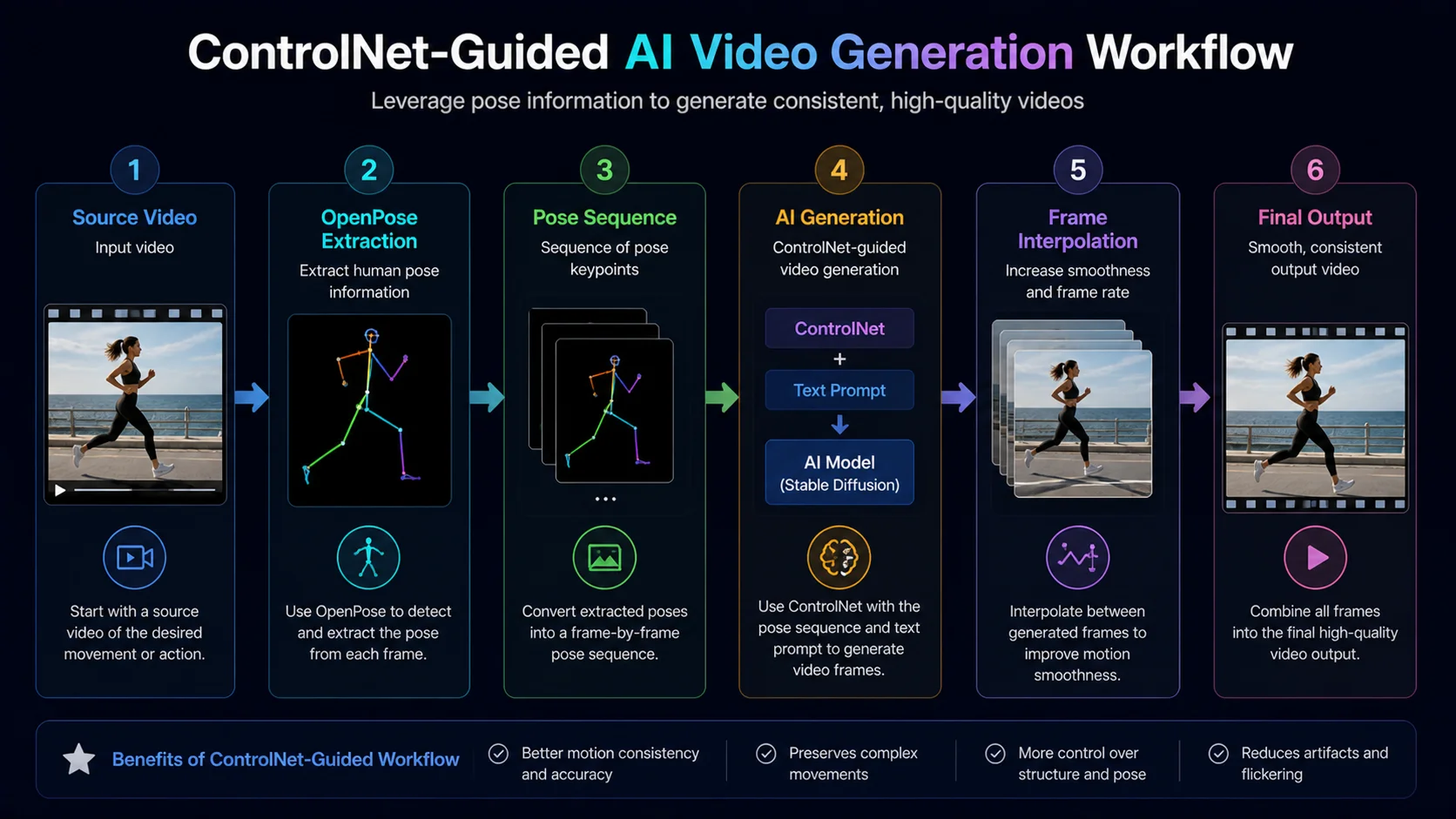 ControlNet guided AI video generation workflow from pose extraction to final output